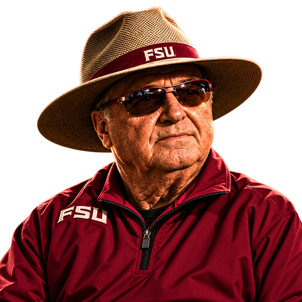 Bobby Bowden wearing an FSU hat and garnet jacket